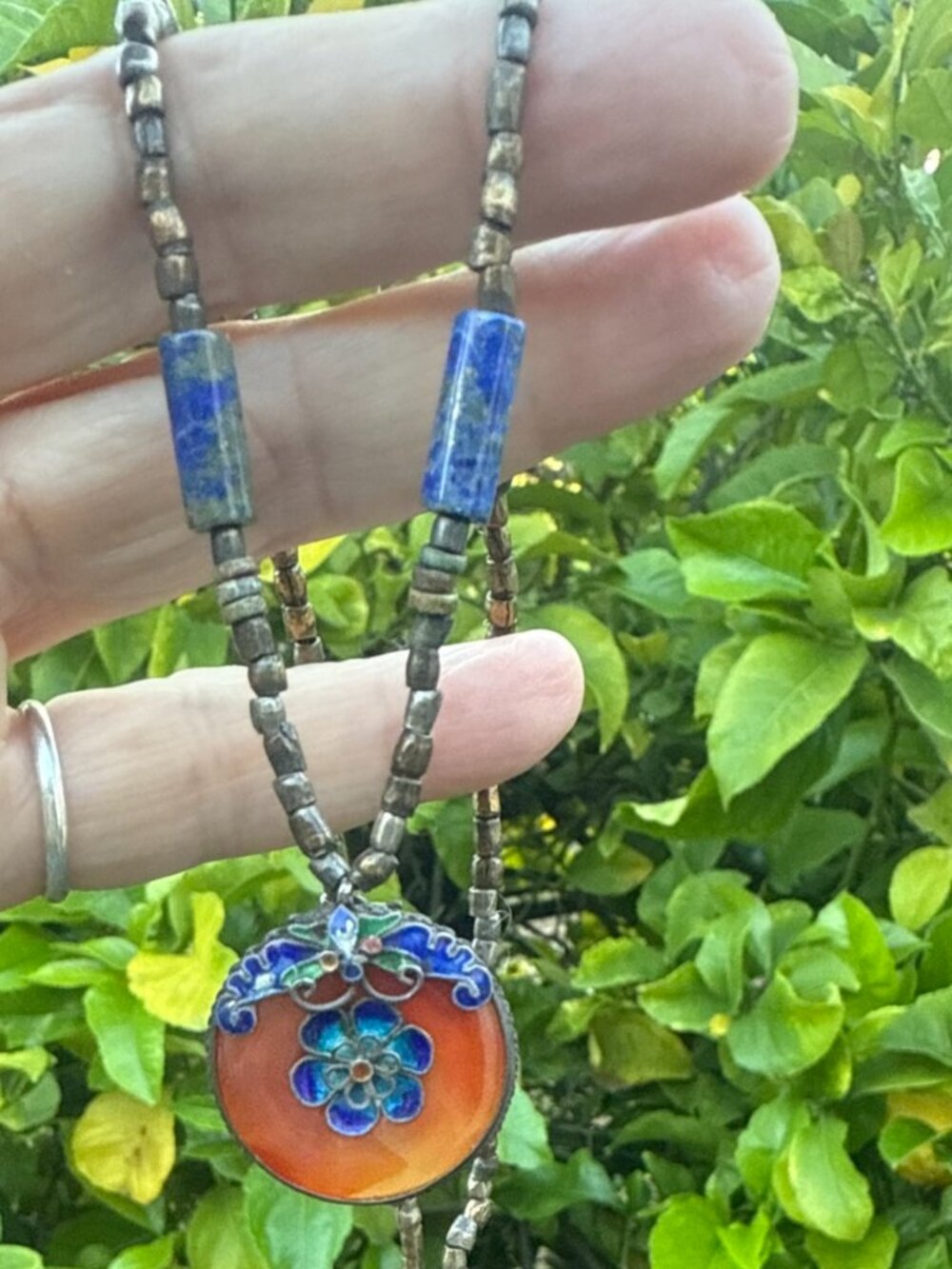 Vintage Chinese Cloisonne Enamel Lapis Barrel Beads Carnelian Pendant